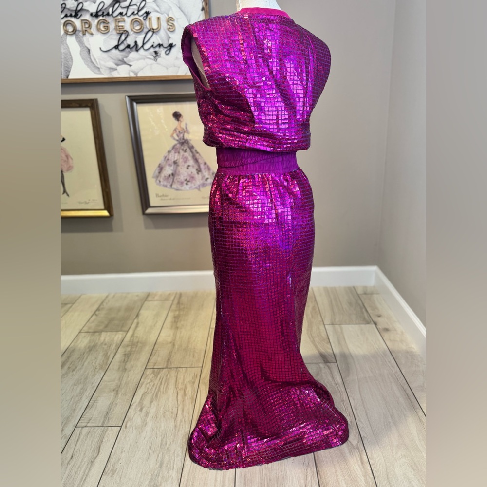 New! QUEEN OF SPARKLES Set Hot Pink Holographic Top and Maxi Skirt Set - Picture 7 of 10